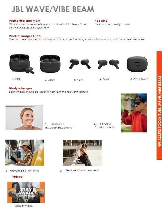 JBL WAVE BEAM 2 : Écouteurs sans fil à annulation active du bruit. 6h d’écoute, 4h de charge. USB-C 2,5-5V, prise jack 3,5 mm. Design compact pour la salle de sport, la course, les appels et la musique.