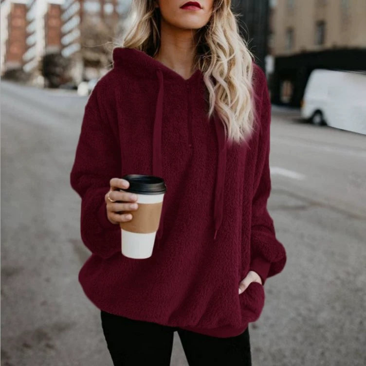 Tendance de la mode à manches longues à capuche couleur unie, manteau pull pour femme