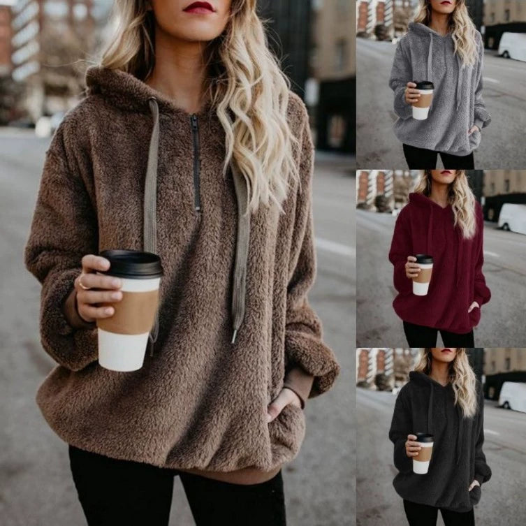 Tendance de la mode à manches longues à capuche couleur unie, manteau pull pour femme