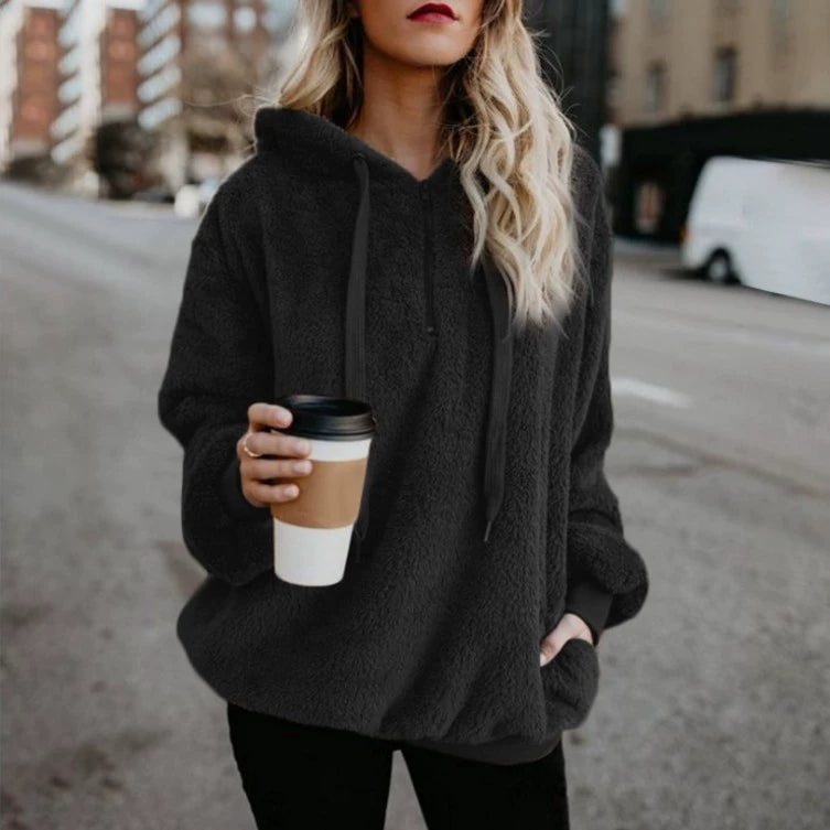 Tendance de la mode à manches longues à capuche couleur unie, manteau pull pour femme