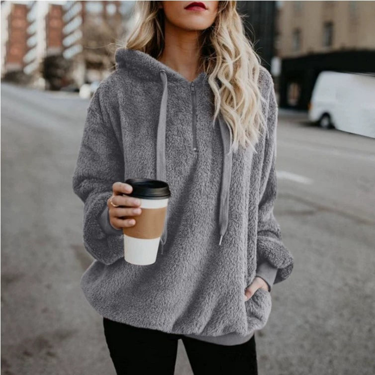 Tendance de la mode à manches longues à capuche couleur unie, manteau pull pour femme