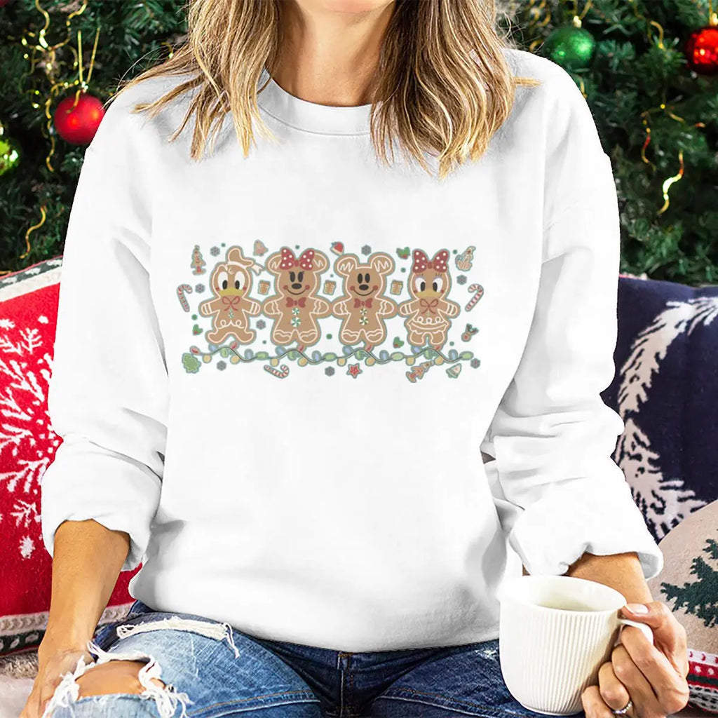 Pull de Noël pour femmes Mickey et amis Sweat-shirts à biscuits au pain d’épice Dessin animé Lumières de Noël Tenues de fête de vacances pour filles