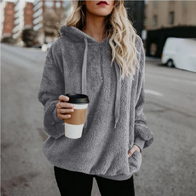 Tendance de la mode à manches longues à capuche couleur unie, manteau pull pour femme