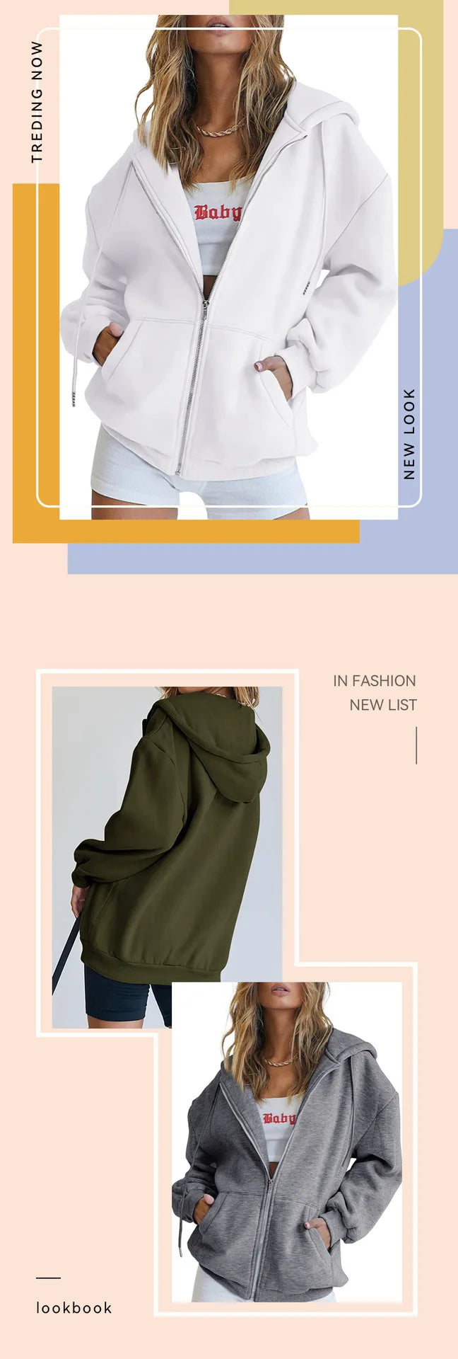 Sweat-shirt zippé gris à la mode pour femmes, automne, hiver, vêtements, sweats à capuche, poches quotidiennes, manches longues, solide, polyvalent, sweats à capuche pour femme