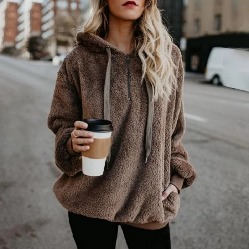 Tendance de la mode à manches longues à capuche couleur unie, manteau pull pour femme