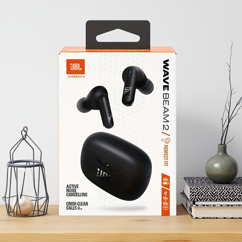 JBL WAVE BEAM 2 : Écouteurs sans fil à annulation active du bruit. 6h d’écoute, 4h de charge. USB-C 2,5-5V, prise jack 3,5 mm. Design compact pour la salle de sport, la course, les appels et la musique.