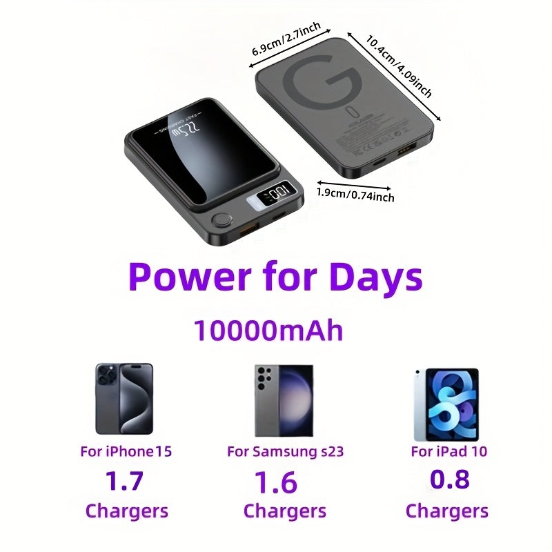 1pc KOILAGER 10000mAh Banque d'alimentation portable avec charge sans fil magnétique ultra-mince, charge super rapide 22,5 W, charge rapide bidirectionnelle PD20W, alimentation sans fil 15W, écran LED, double alimentation USB/Type-C pour iPhone 16/15pro/